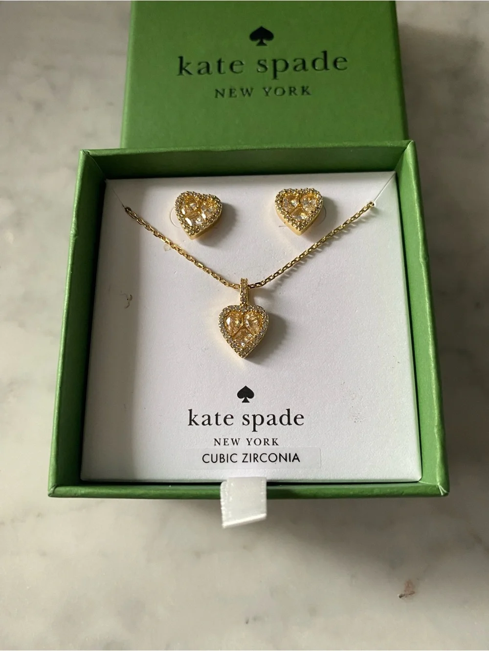 Kate Spade “Spell It Out” Gold/clear Heart Shaped Necklace And Earring Set New